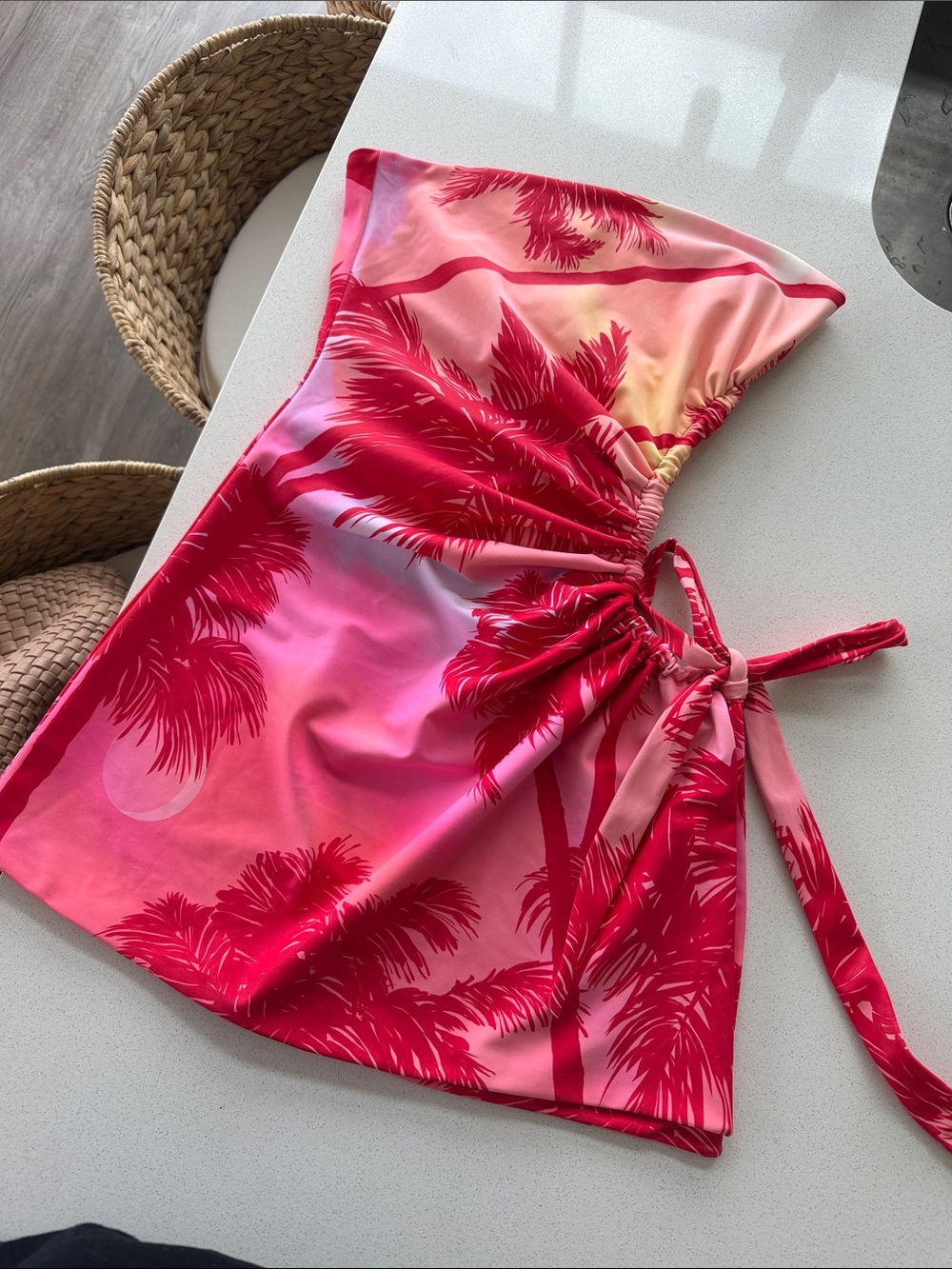 Pink Tropical Print Mini Dress - Strap Tie Detail